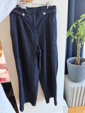 Zara Dark Navy Wide-Leg Trousers with Button Tabs